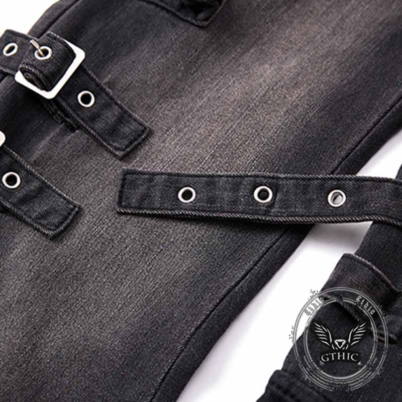 American High Street Y2K Strap Design Distressed Jeans