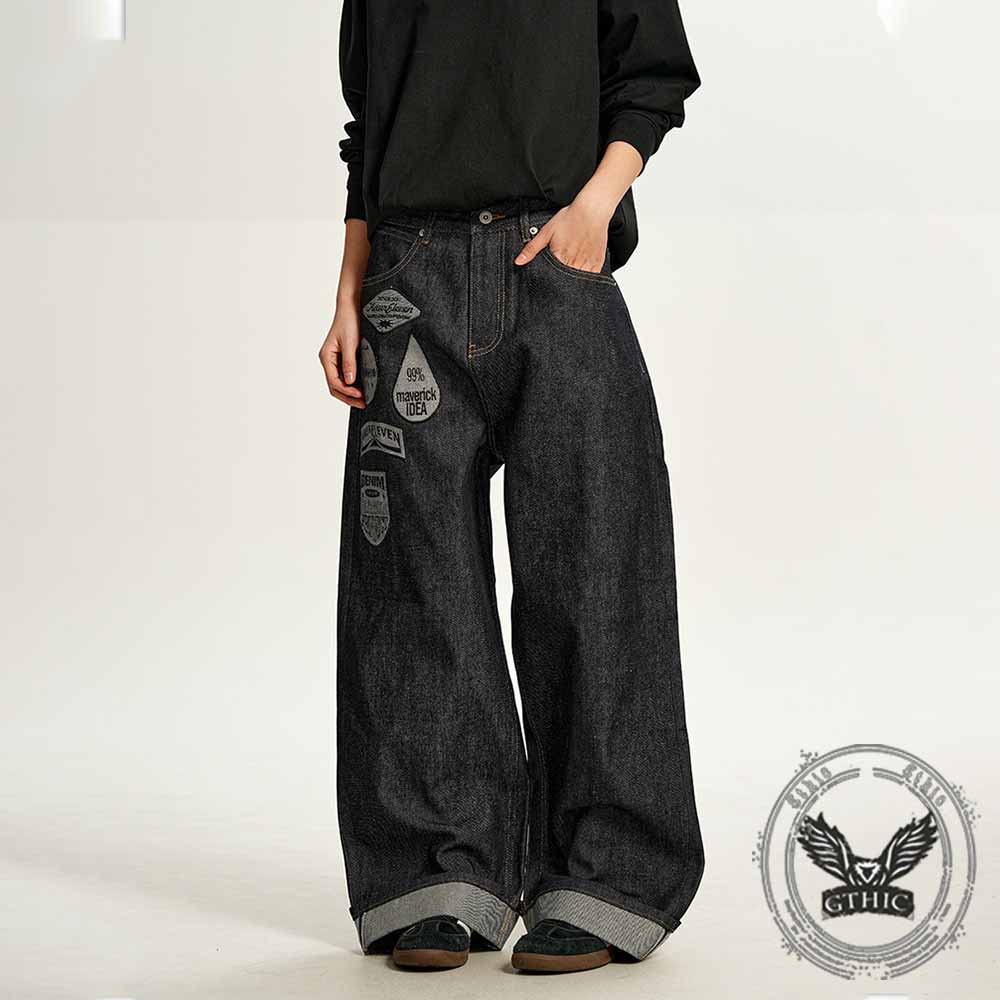 American Hip-Hop Letter Embroidered Wide-Leg Jeans | Gthic.com