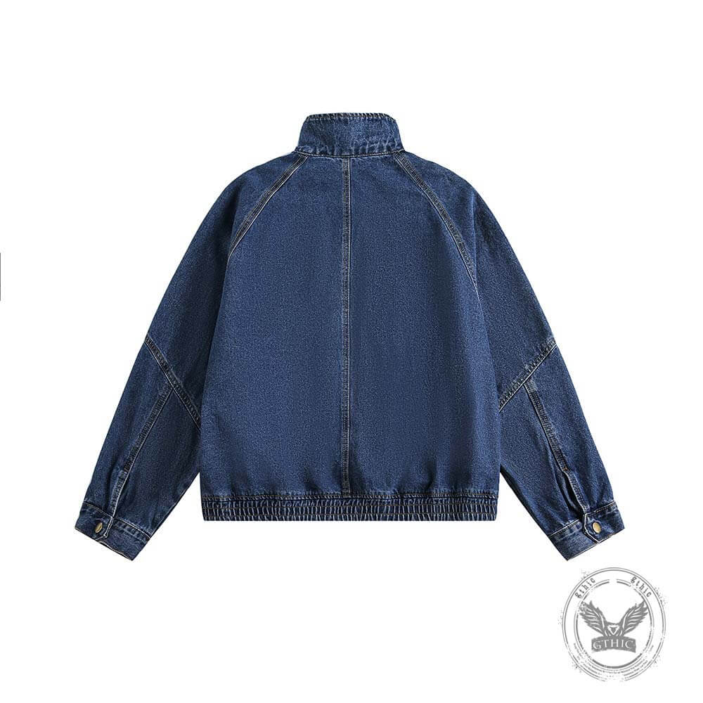 American Retro Distressed Stand-Up Collar Denim Jacket