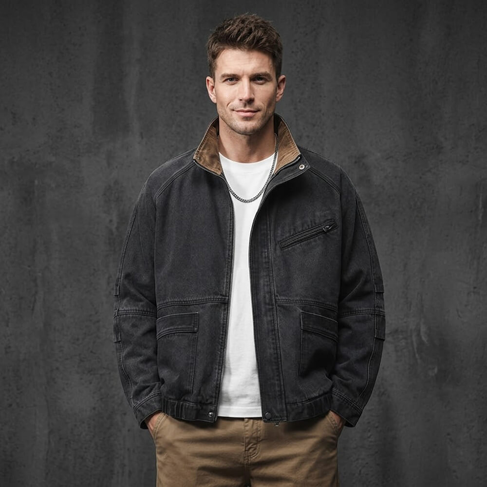 American Retro Distressed Stand-Up Collar Denim Jacket | Gthic.com