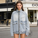 American Retro Distressed Stand-Up Collar Denim Jacket | Gthic.com