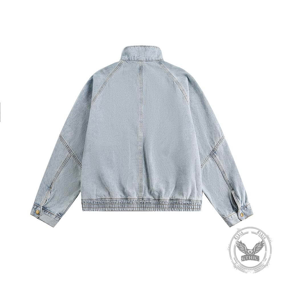 American Retro Distressed Stand-Up Collar Denim Jacket | Gthic.com