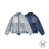 American Retro Distressed Stand-Up Collar Denim Jacket | Gthic.com