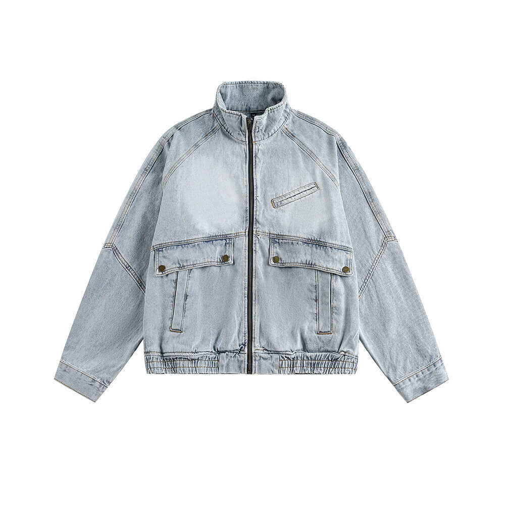 American Retro Distressed Stand-Up Collar Denim Jacket | Gthic.com