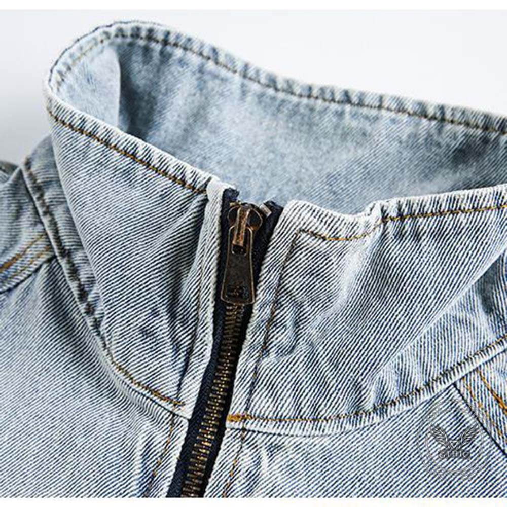 American Retro Distressed Stand-Up Collar Denim Jacket