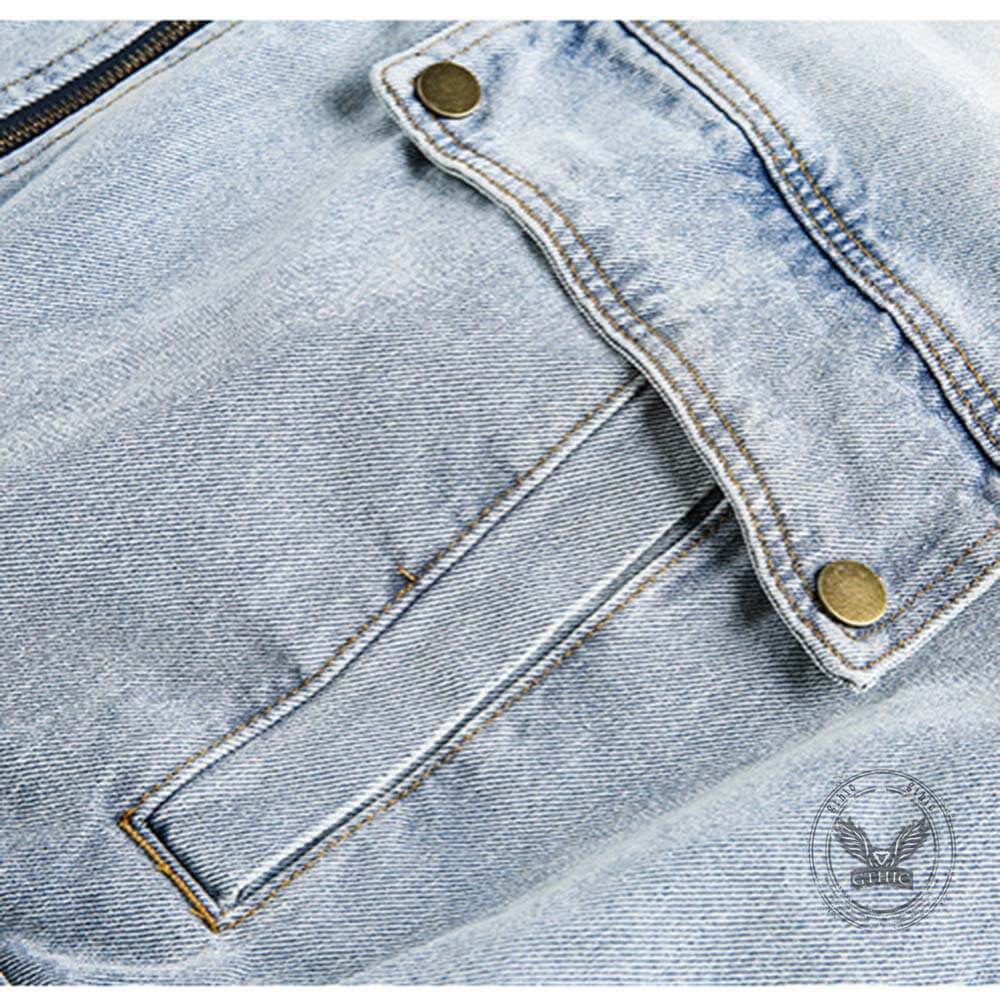 American Retro Distressed Stand-Up Collar Denim Jacket