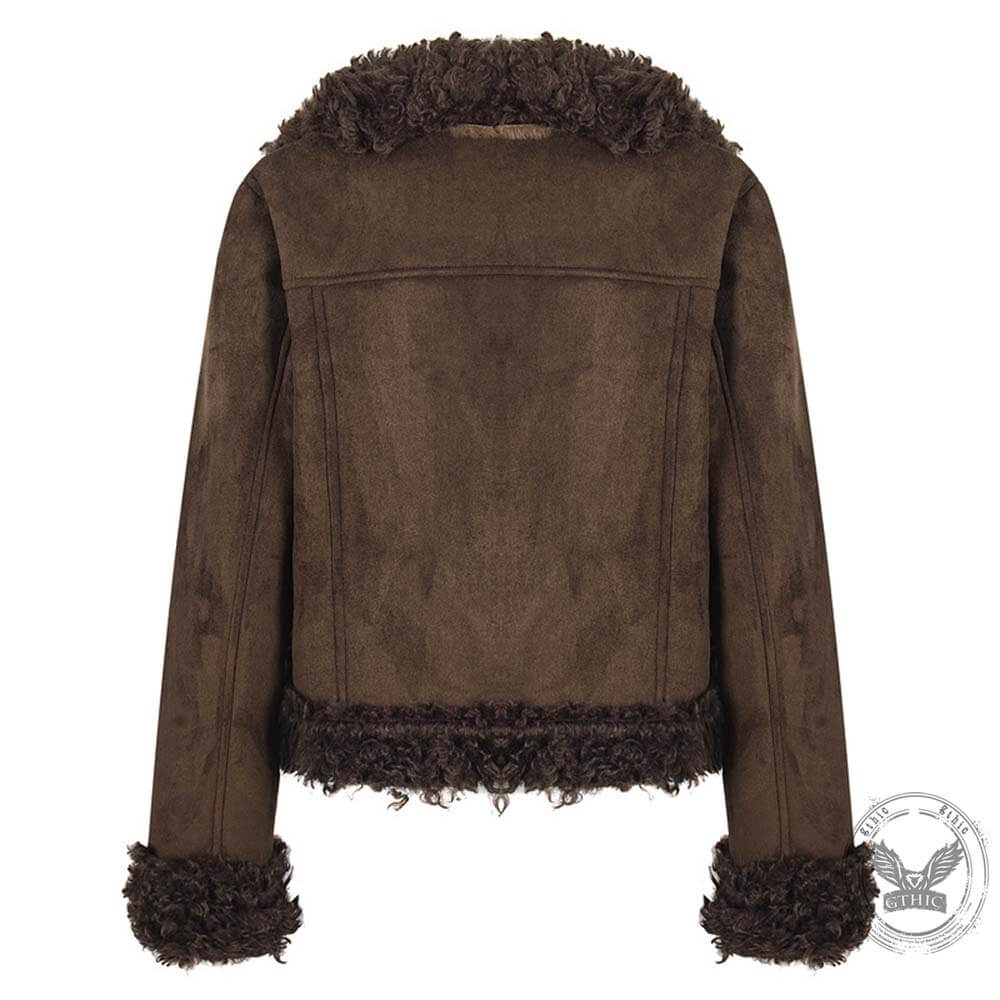 American Retro Distressed Suede Plush Patchwork Jacket | Gthic.com