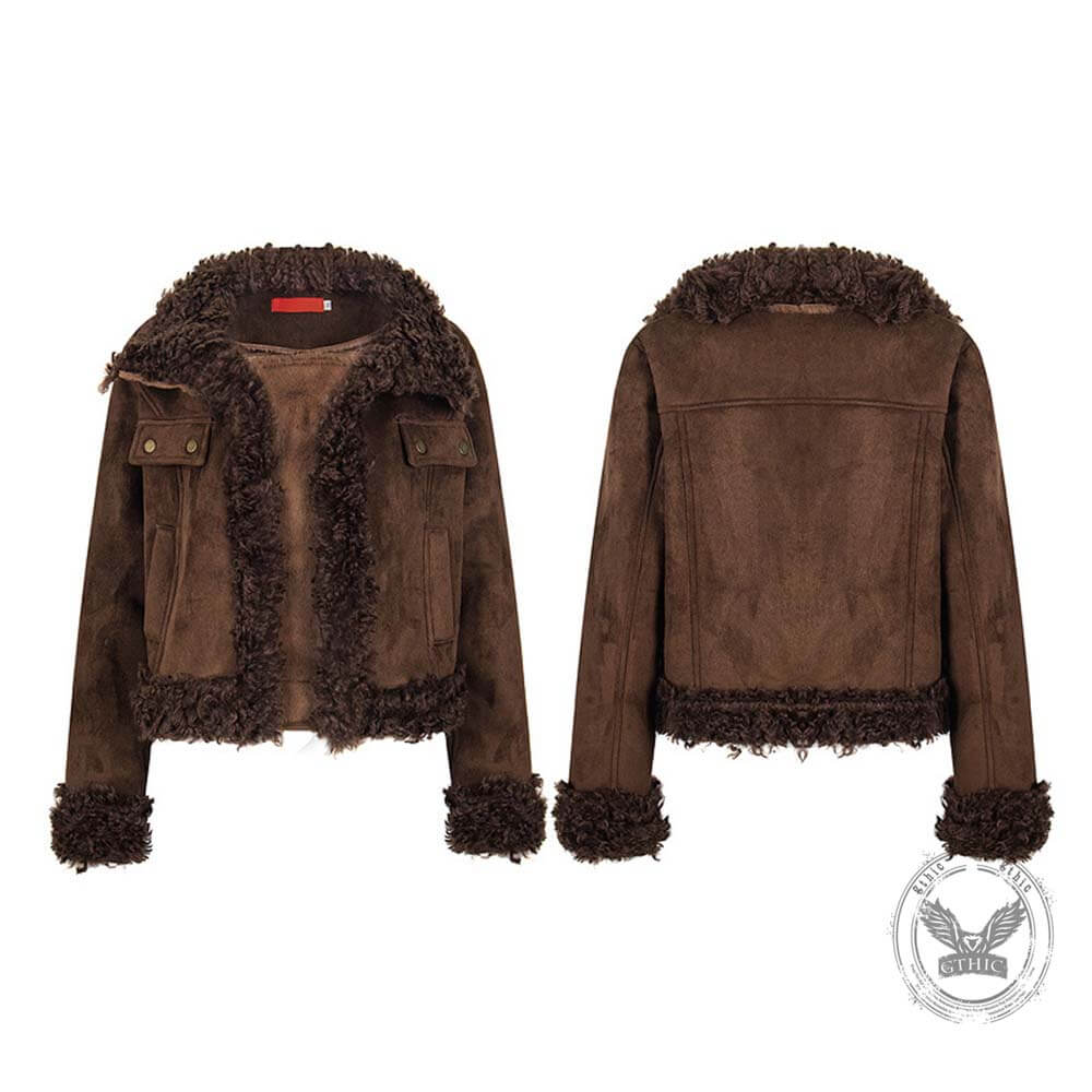 American Retro Distressed Suede Plush Patchwork Jacket | Gthic.com