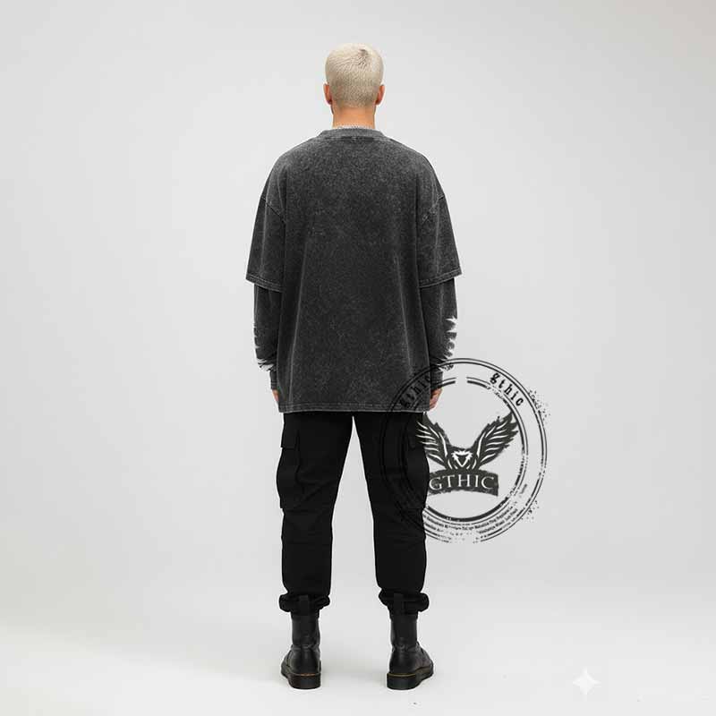 American Retro Fake Two Piece Washed Printed Sweatshirt