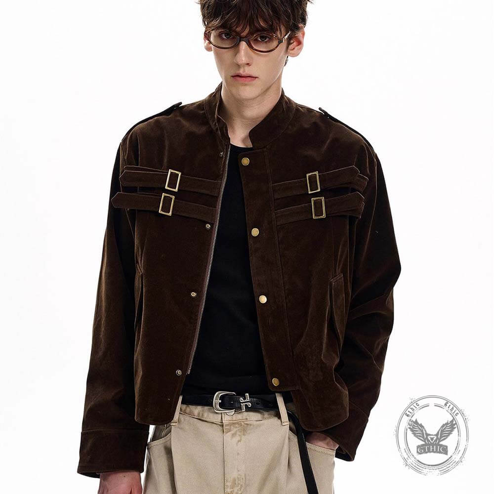 American Retro Faux Suede Patchwork Design Short Jacket | Gthic.com