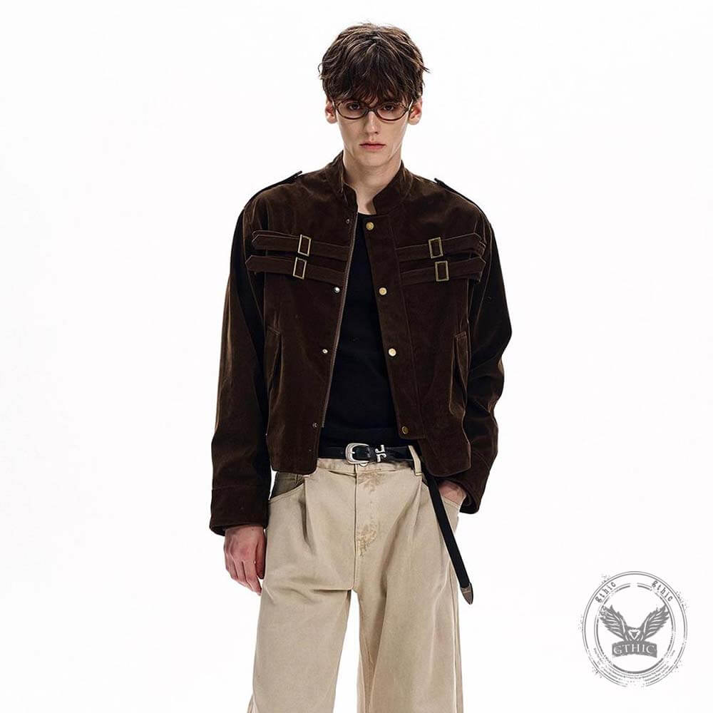 American Retro Faux Suede Patchwork Design Short Jacket | Gthic.com