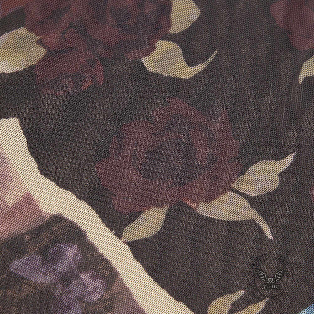 American Retro Floral Mesh Asymmetrical Skirt