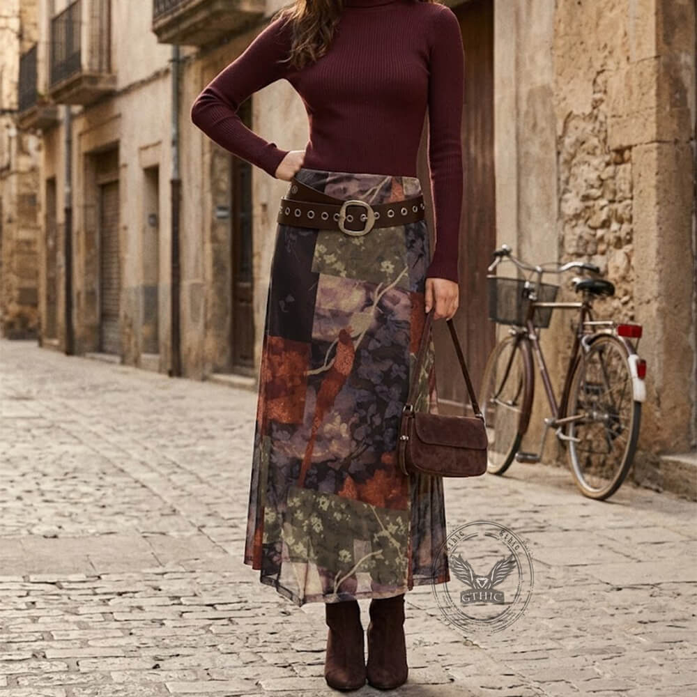 American Retro Floral Mesh Asymmetrical Skirt