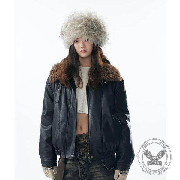 American Retro Fur Collar Versatile PU Leather Jacket | Gthic.com