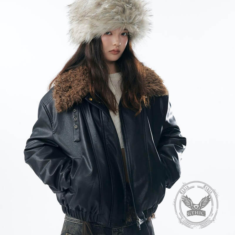 American Retro Fur Collar Versatile PU Leather Jacket | Gthic.com
