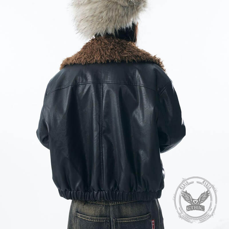 American Retro Fur Collar Versatile PU Leather Jacket | Gthic.com