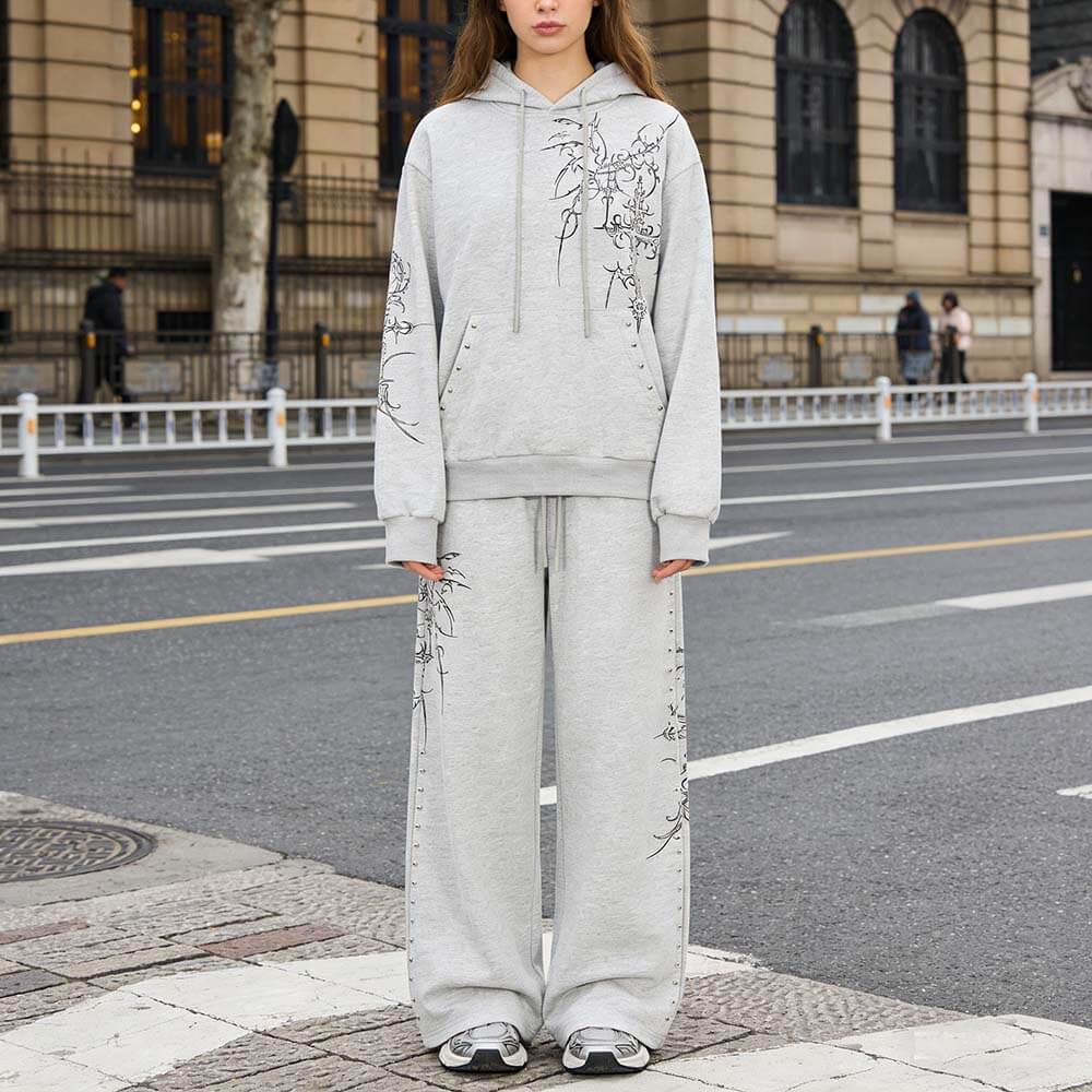American Retro Gothic Cross Loose Hoodie Sweatpants Set | Gthic.com