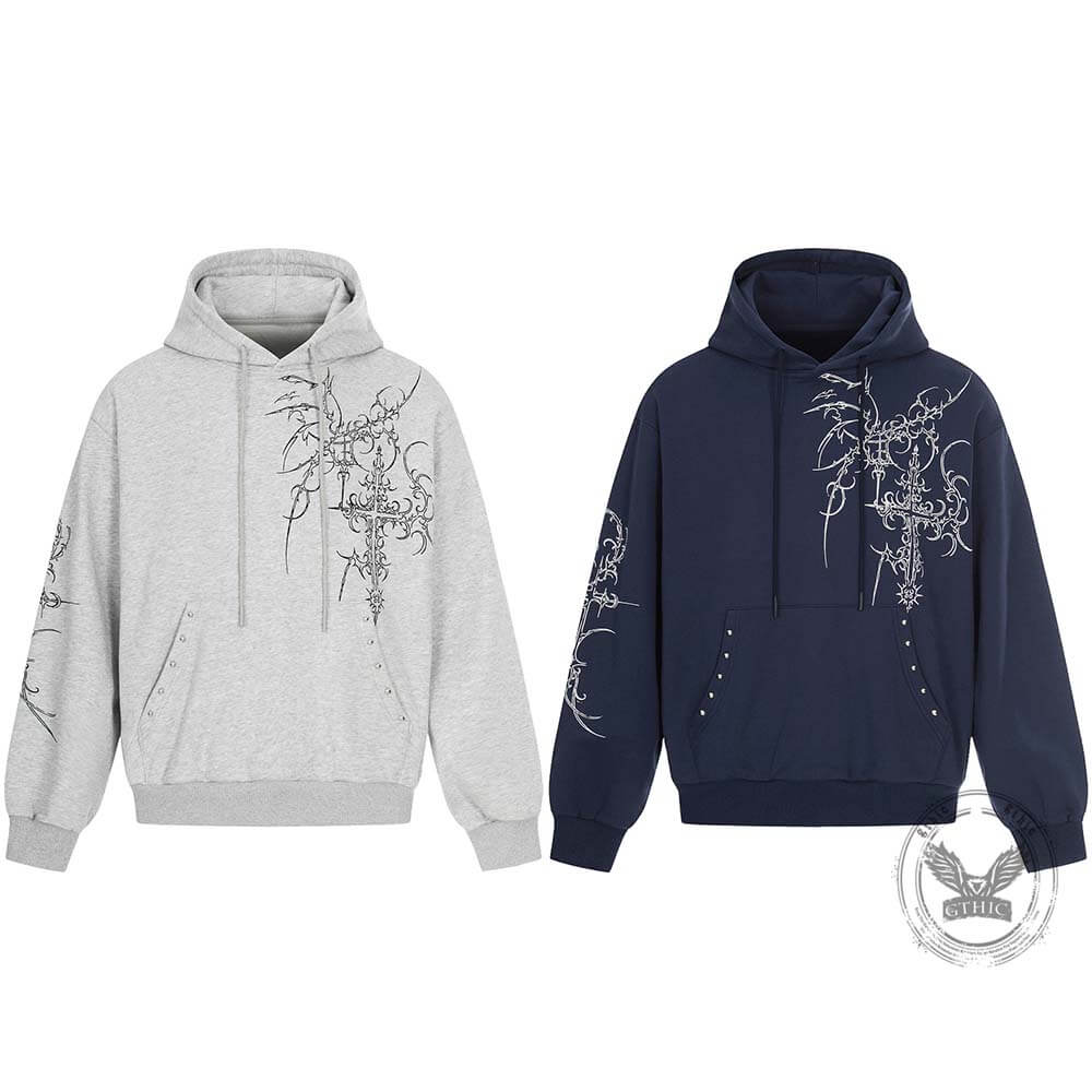 American Retro Gothic Cross Loose Hoodie Sweatpants Set | Gthic.com