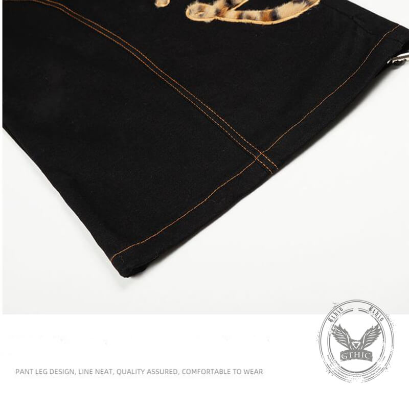American Retro Leopard Print Letter Patch Loose Jeans