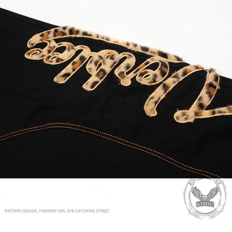 American Retro Leopard Print Letter Patch Loose Jeans