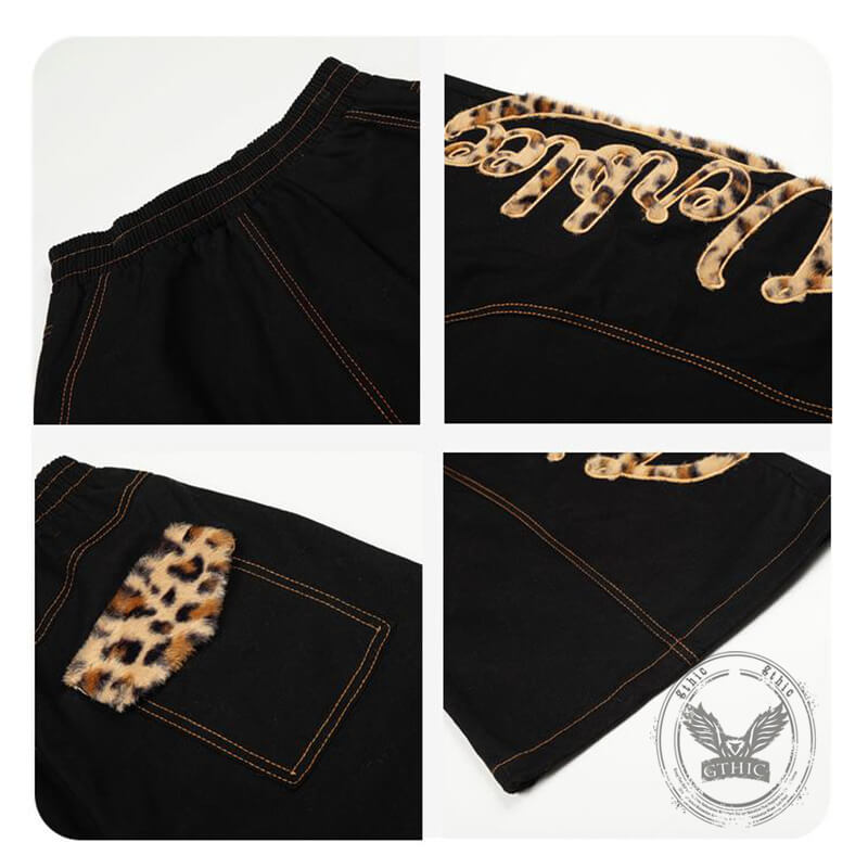 American Retro Leopard Print Letter Patch Loose Jeans