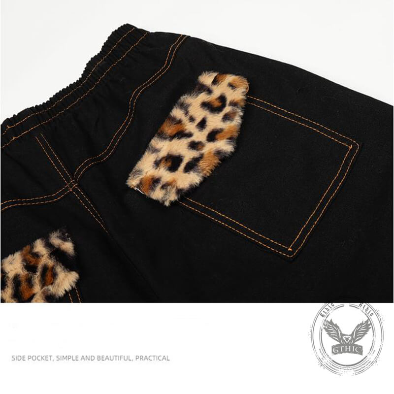 American Retro Leopard Print Letter Patch Loose Jeans