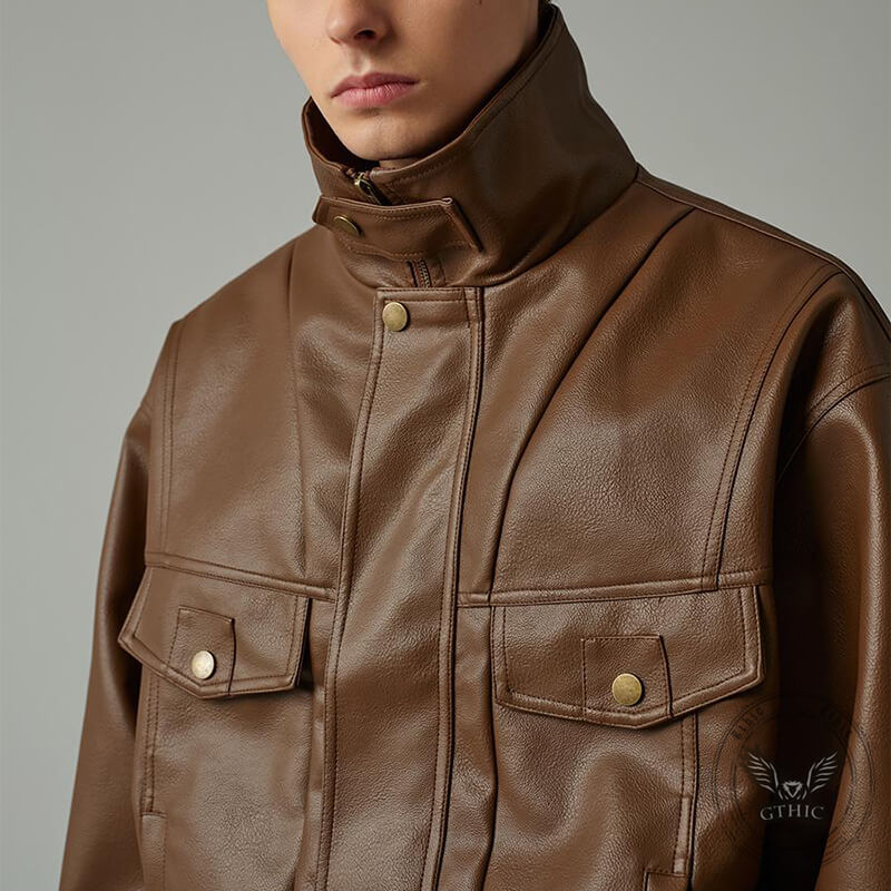 American Retro Motorcycle Stand Collar PU Leather Jacket | Gthic.com