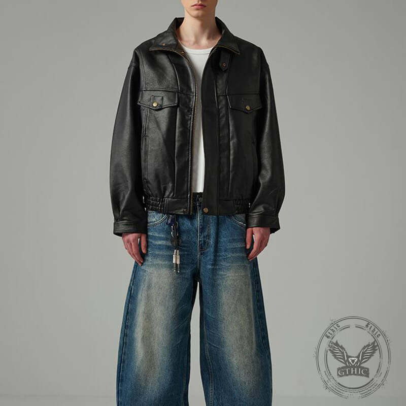 American Retro Motorcycle Stand Collar PU Leather Jacket | Gthic.com