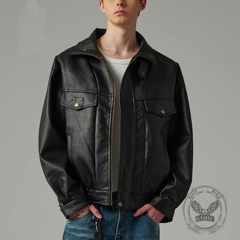 American Retro Motorcycle Stand Collar PU Leather Jacket | Gthic.com