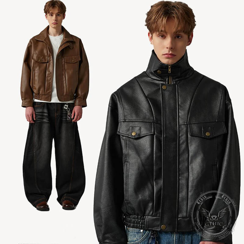American Retro Motorcycle Stand Collar PU Leather Jacket | Gthic.com