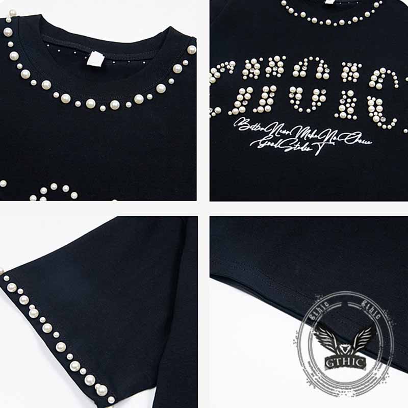 American Retro Nail Beads Letter Pattern T-shirt