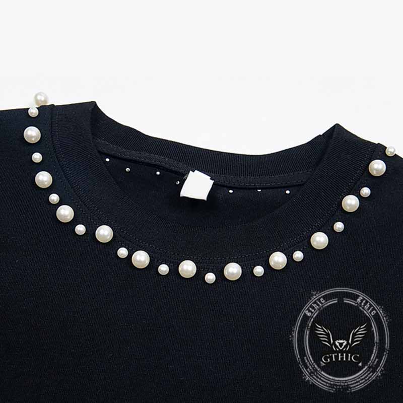 American Retro Nail Beads Letter Pattern T-shirt