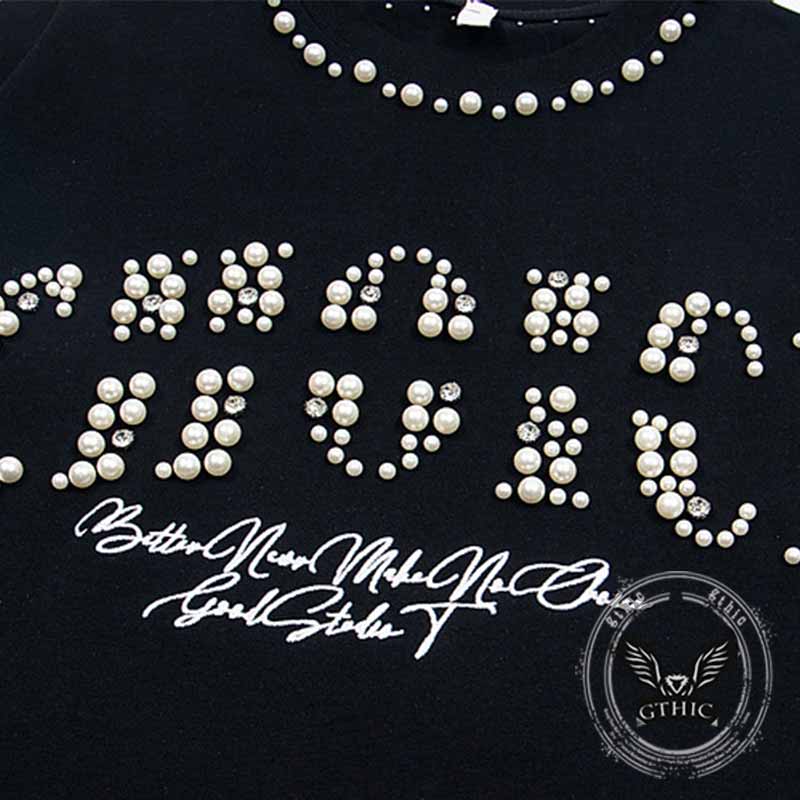 American Retro Nail Beads Letter Pattern T-shirt