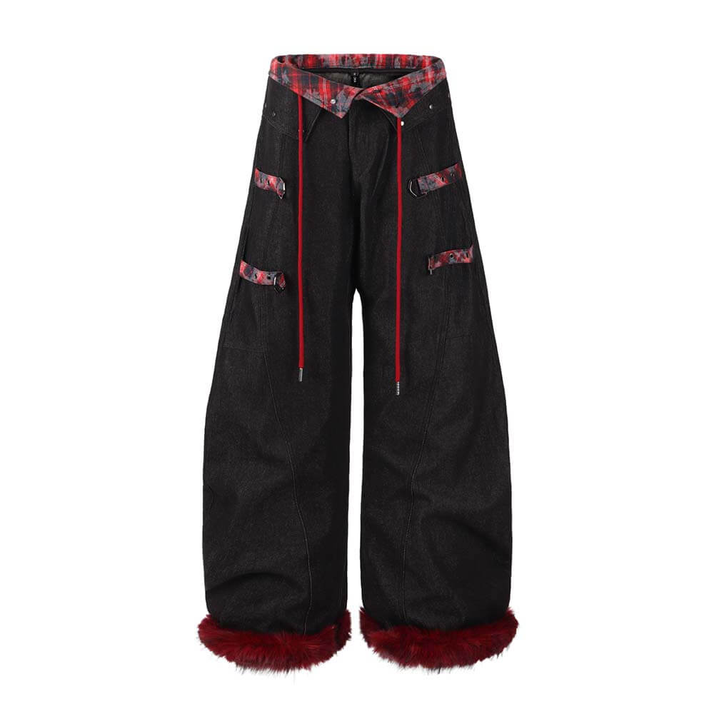 American Retro Plaid Patchwork Furry-Hemmed Baggy Jeans | Gthic.com