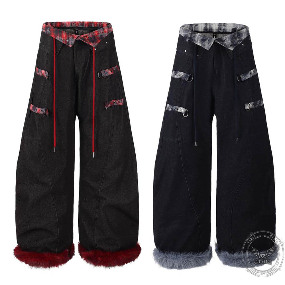 American Retro Plaid Patchwork Furry-Hemmed Baggy Jeans | Gthic.com