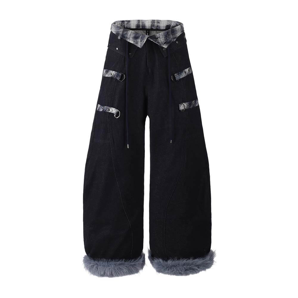 American Retro Plaid Patchwork Furry-Hemmed Baggy Jeans | Gthic.com