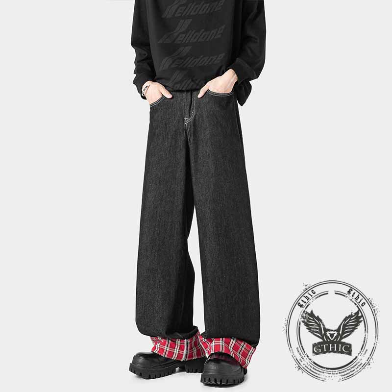 American Retro Plaid Patchwork Washed Baggy Jeans | Gthic.com