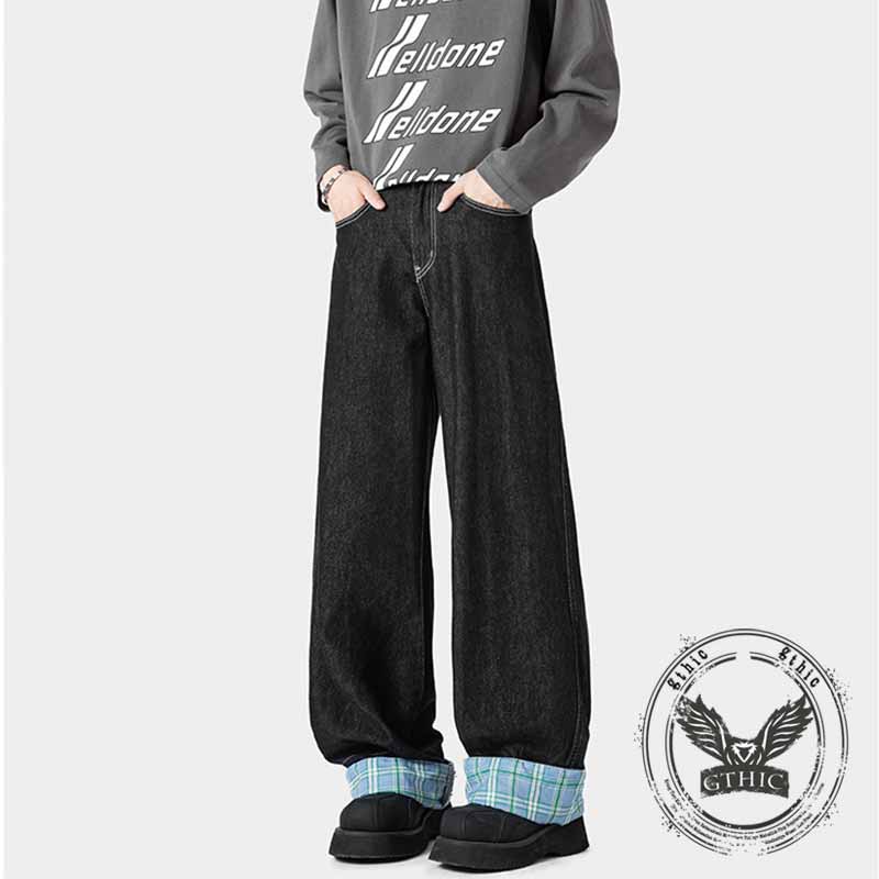 American Retro Plaid Patchwork Washed Baggy Jeans | Gthic.com