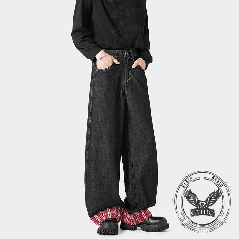 American Retro Plaid Patchwork Washed Baggy Jeans | Gthic.com