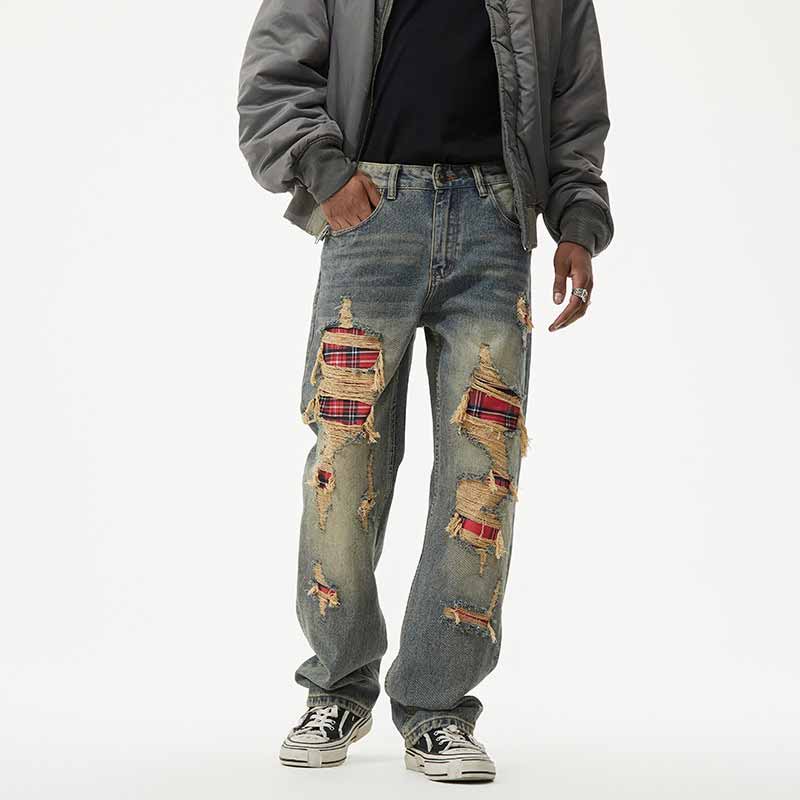 American Retro Ripped Patch Loose Straight Jeans – GTHIC