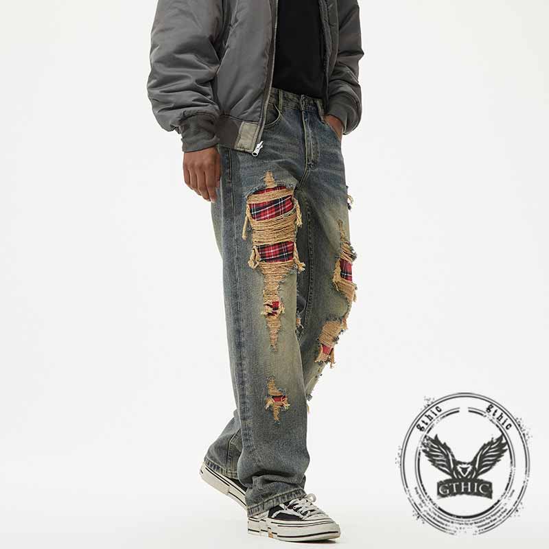 American Retro Ripped Patch Loose Straight Jeans