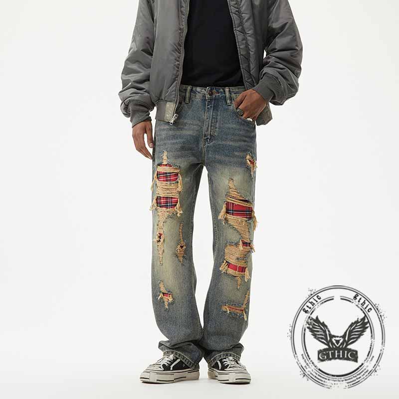 American Retro Ripped Patch Loose Straight Jeans