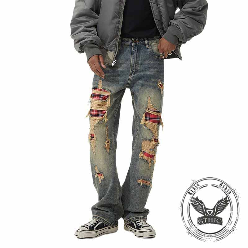 American Retro Ripped Patch Loose Straight Jeans