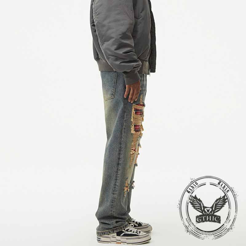 American Retro Ripped Patch Loose Straight Jeans