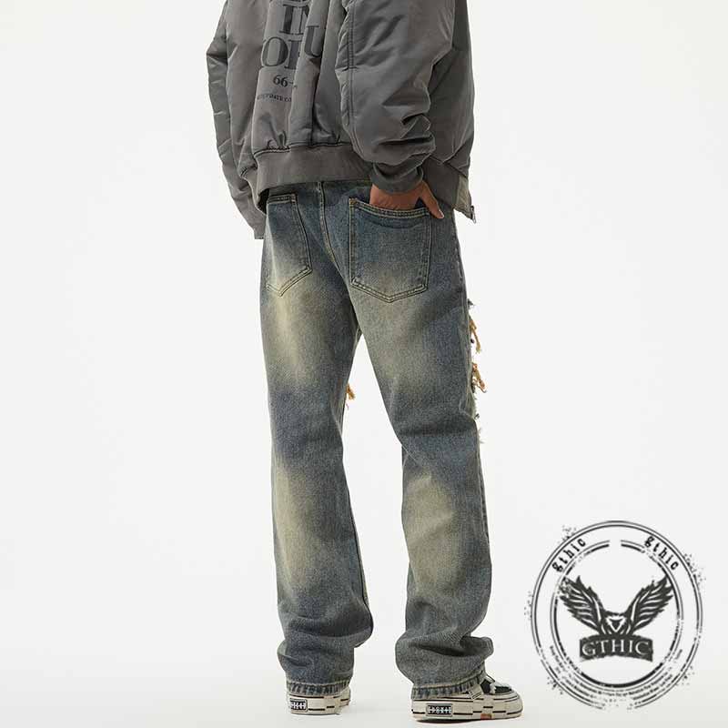 American Retro Ripped Patch Loose Straight Jeans