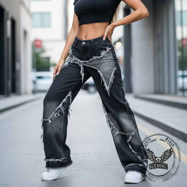 American Retro Ripped Patchwork Washed Jeans | Gthic.com