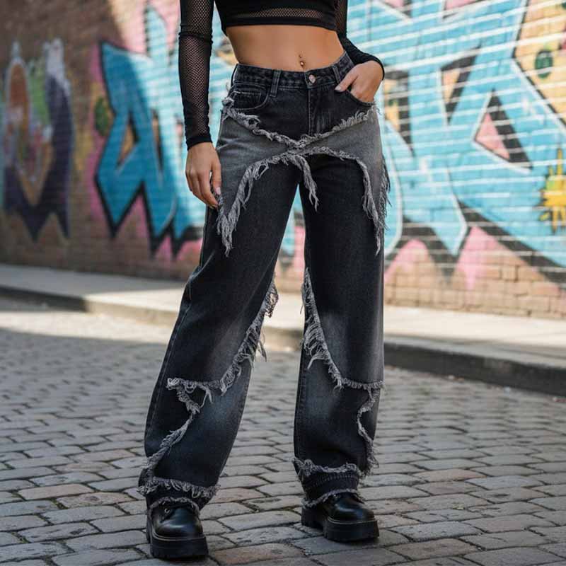 American Retro Ripped Patchwork Washed Jeans | Gthic.com