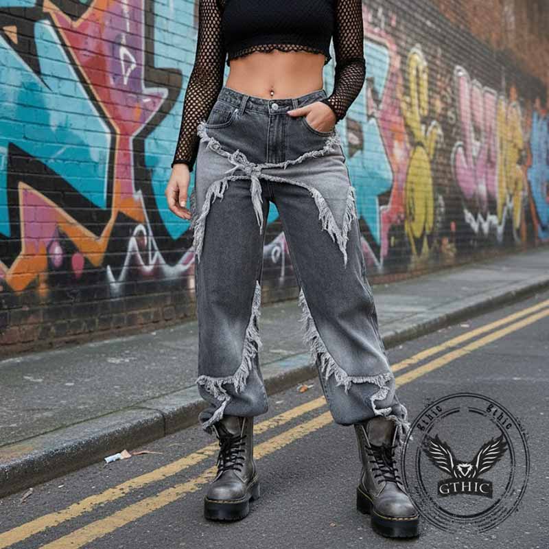 American Retro Ripped Patchwork Washed Jeans – GTHIC