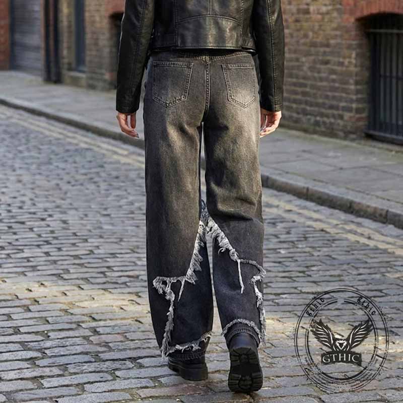 American Retro Ripped Patchwork Washed Jeans