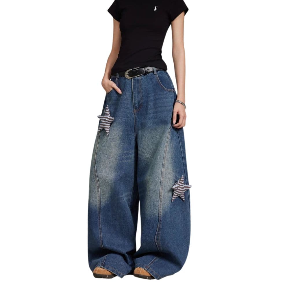 American Retro Star-Decorated Washed Distressed Scimitar Jeans | Gthic.com